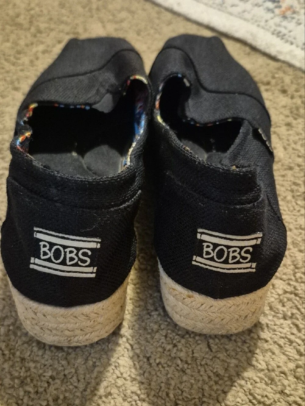 Skechers BOBS Black Canvas Wedge Slip-Ons with White Outsole